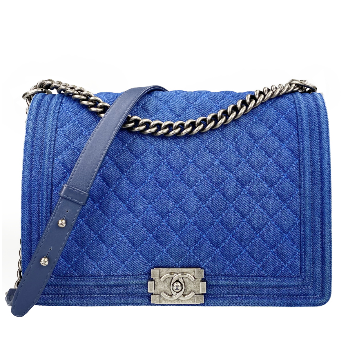 シャネル ボーイシャネル デニム レザー 30㎝ ブルー 2WAY ショルダーバッグ 