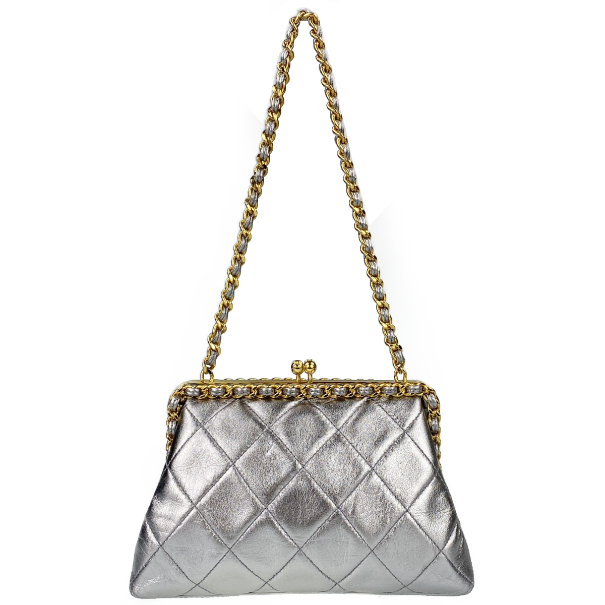 シャネル マトラッセ ラムスキン がま口 シルバー ショルダーバッグ