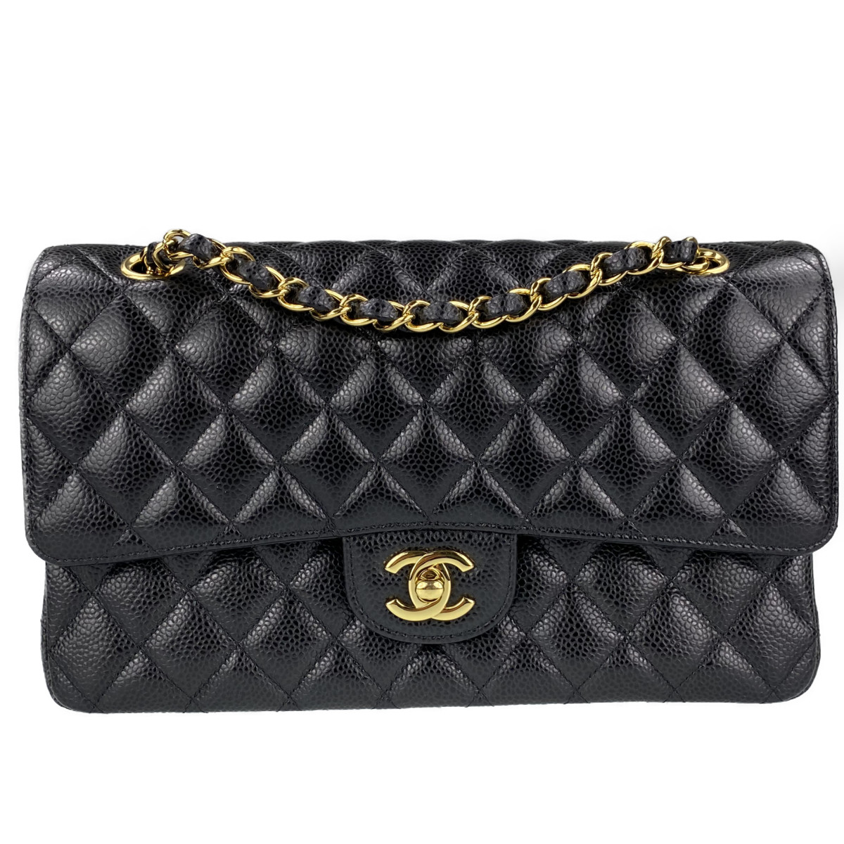 シャネル マトラッセ キャビアスキン 25㎝ Wフラップ ブラック ショルダーバッグ