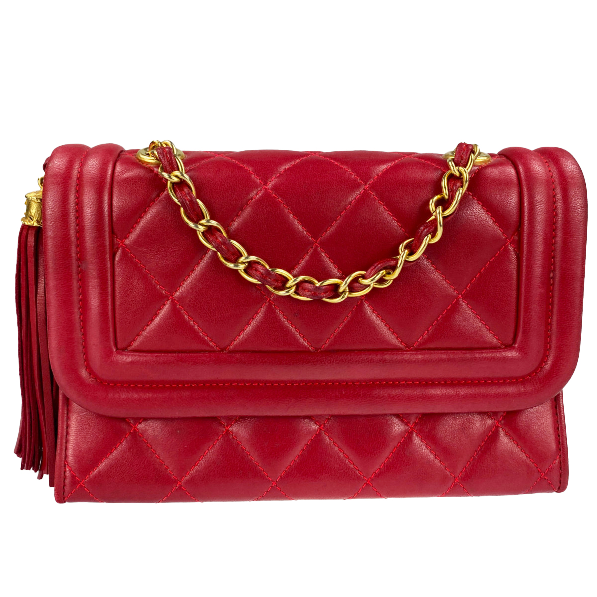 シャネル マトラッセ ラムスキン タッセル レッド ショルダーバッグ