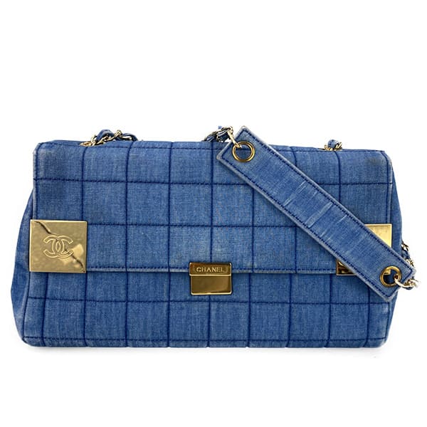 シャネル チョコバー デニム レザー ブルー ショルダーバッグ