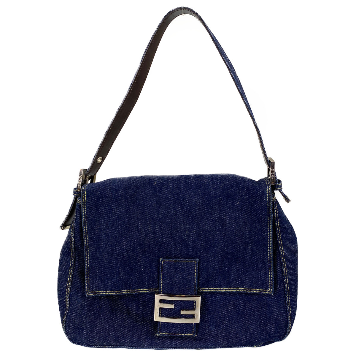 フェンディ マンマバゲット デニム レザー ネイビー ショルダーバッグ