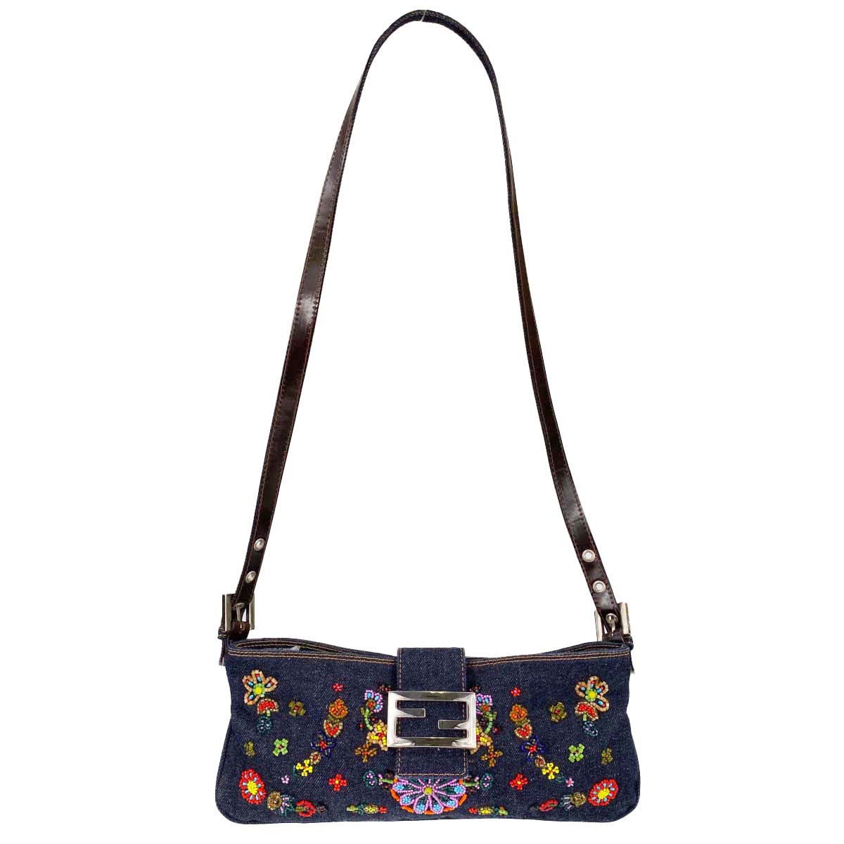 フェンディ バゲット デニム ビーズ刺繍 ショルダーバッグ