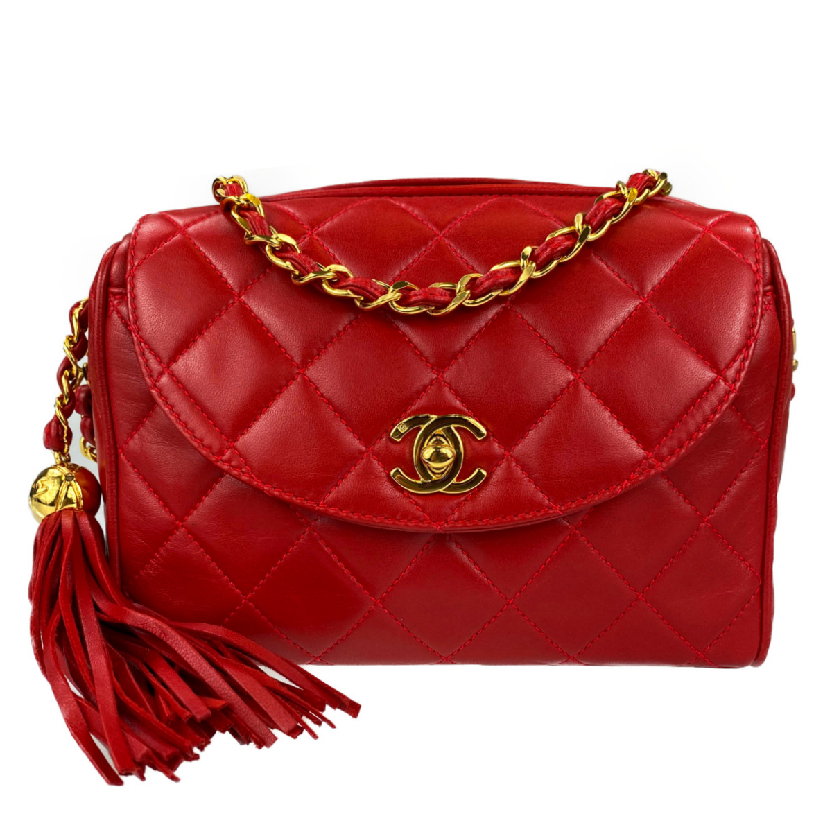 シャネル マトラッセ ラムスキン タッセル レッド ショルダーバッグ