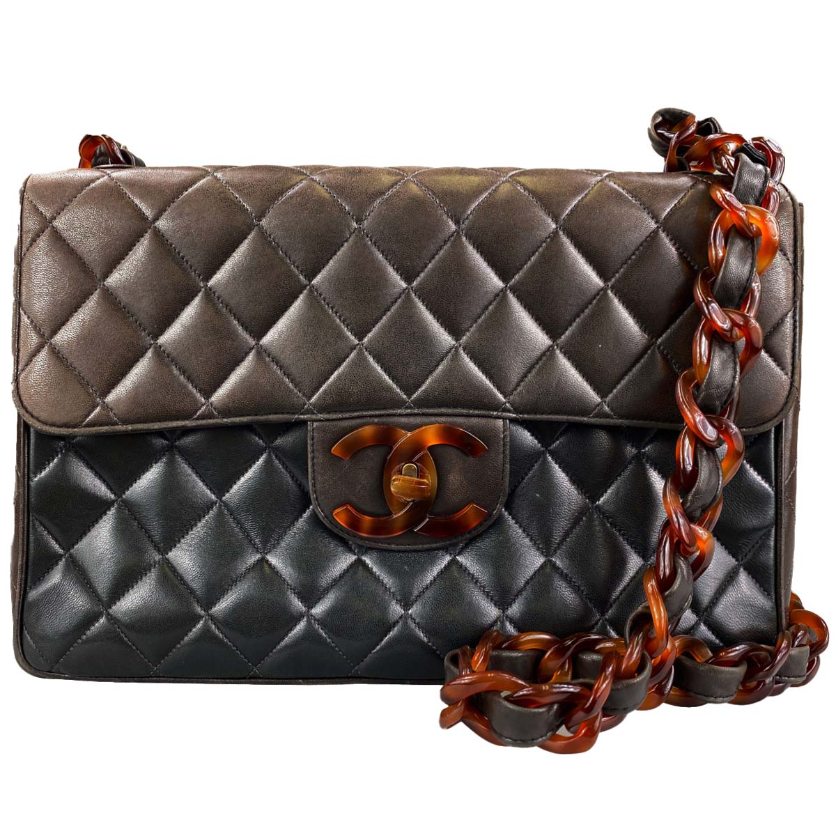 シャネル デカマトラッセ ラムスキン べっ甲 30cm ブラック ショルダーバッグ 