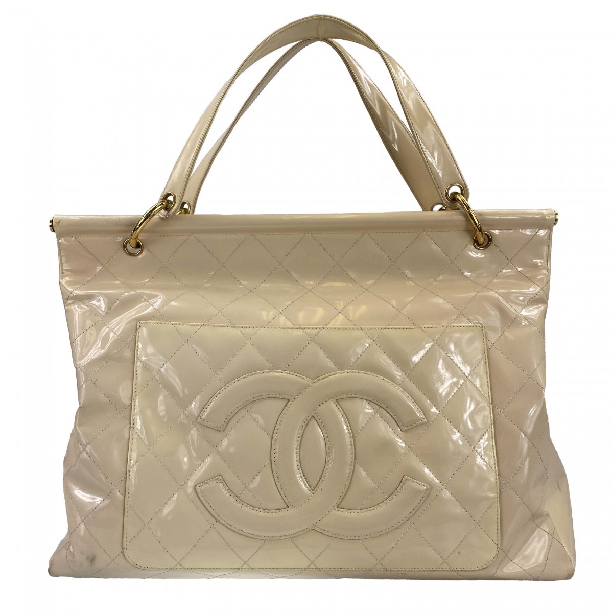 シャネル マトラッセ パテント クリーム トートバッグ