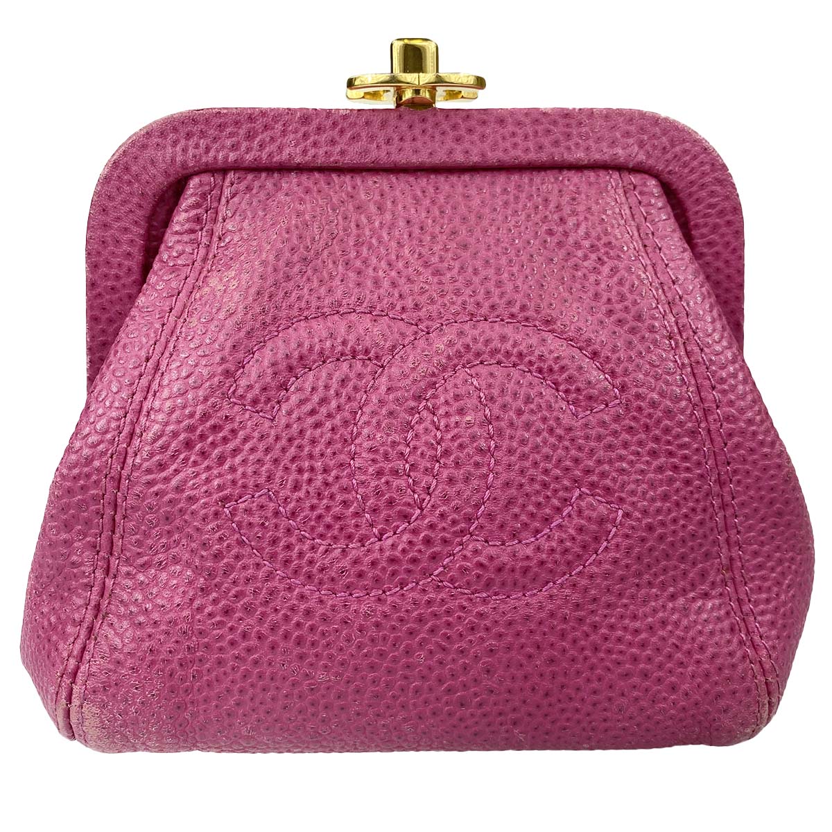 シャネル キャビアスキン CCロゴ ピンク がま口ポーチ