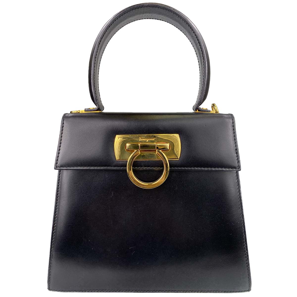 フェラガモ ガンチーニ レザー ブラック ハンドバッグ