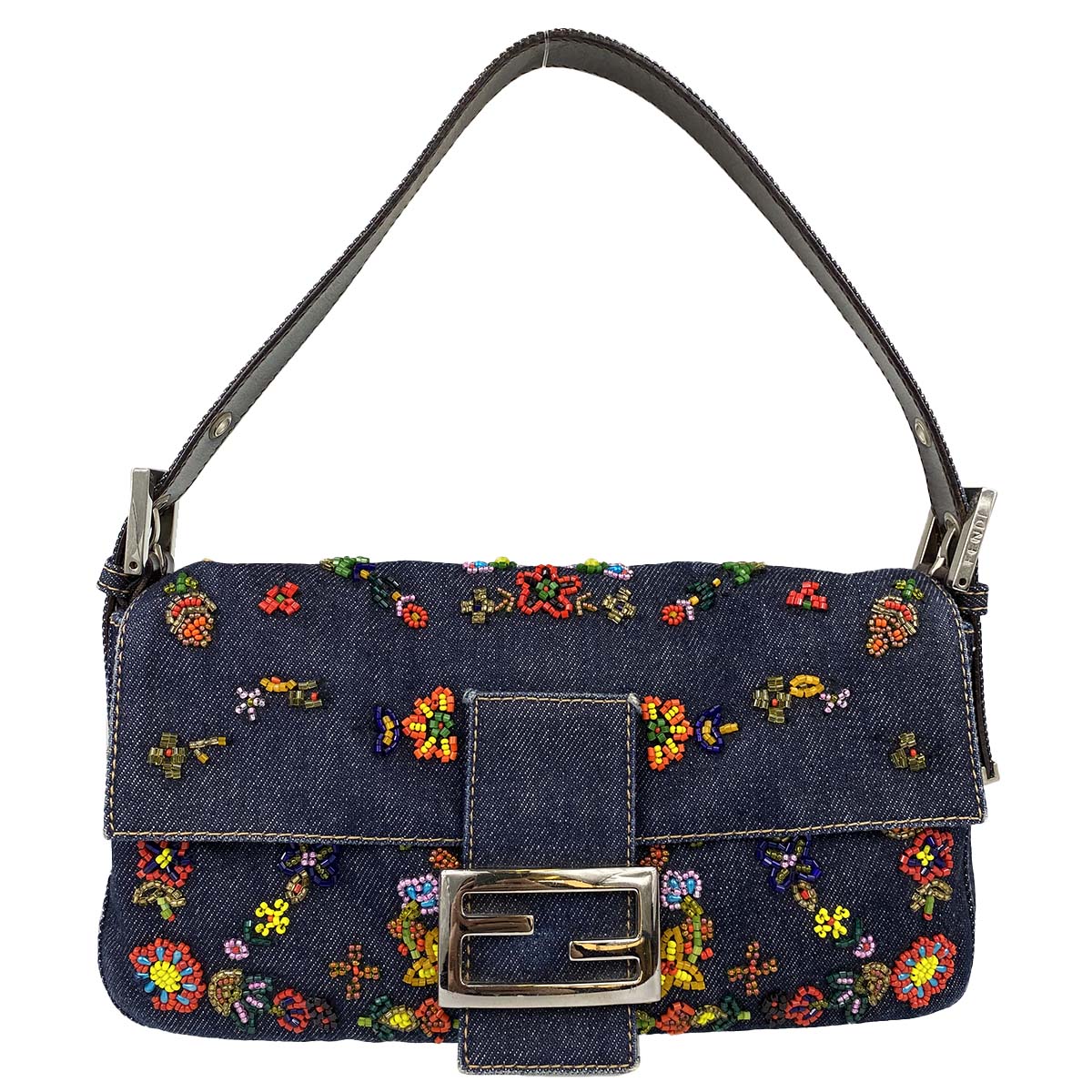 フェンディ マンマバゲット デニム ビーズ刺繍  ショルダーバッグ