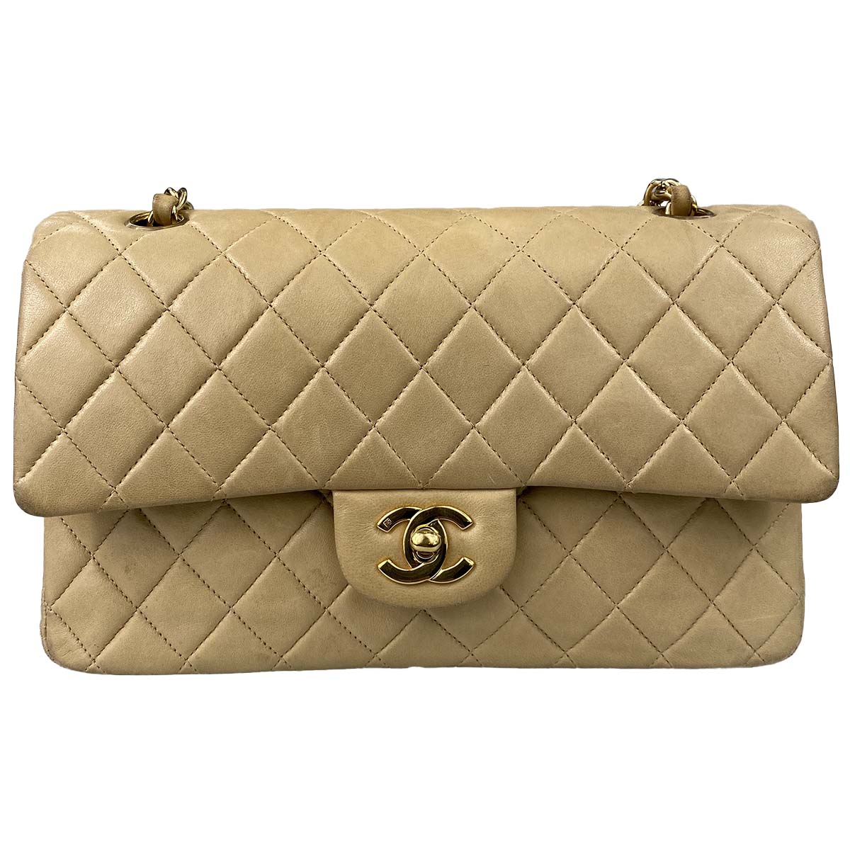 シャネル マトラッセ カーフスキン 25cm Wフラップ ベージュ ショルダーバッグ