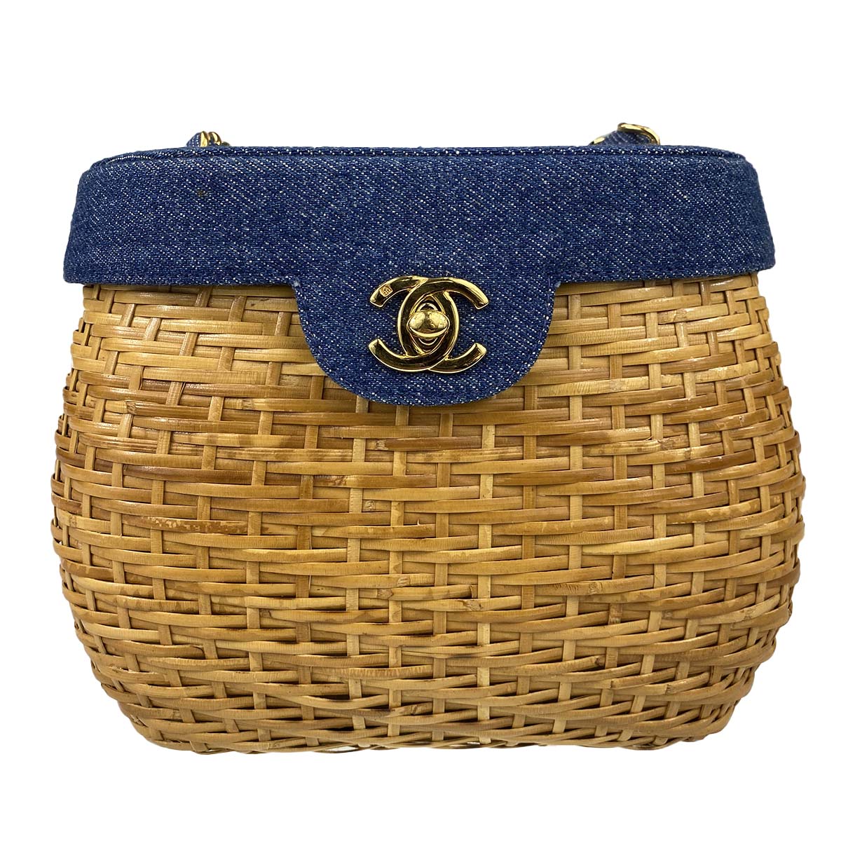 シャネル デニム レザー ラタン ブラウン ショルダーバッグ