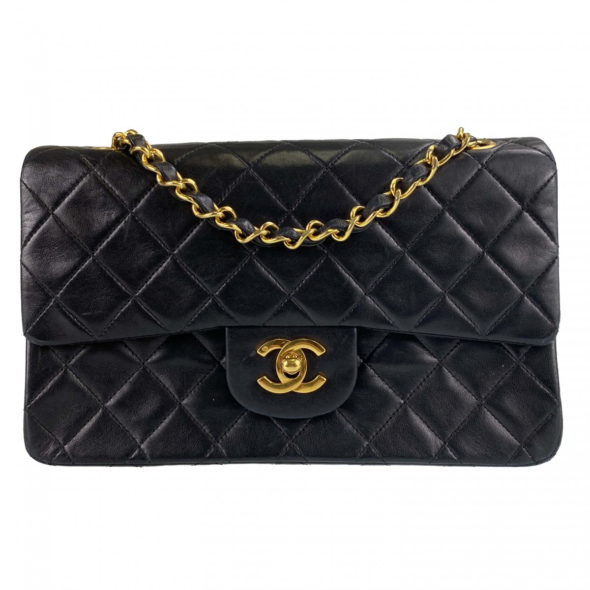 シャネル マトラッセ ラムスキン 23cm Wフラップ ブラック ショルダーバッグ