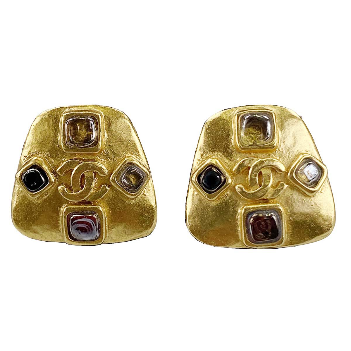 シャネル ゴールドメッキ カラーストーン CCロゴ ゴールド イヤリング