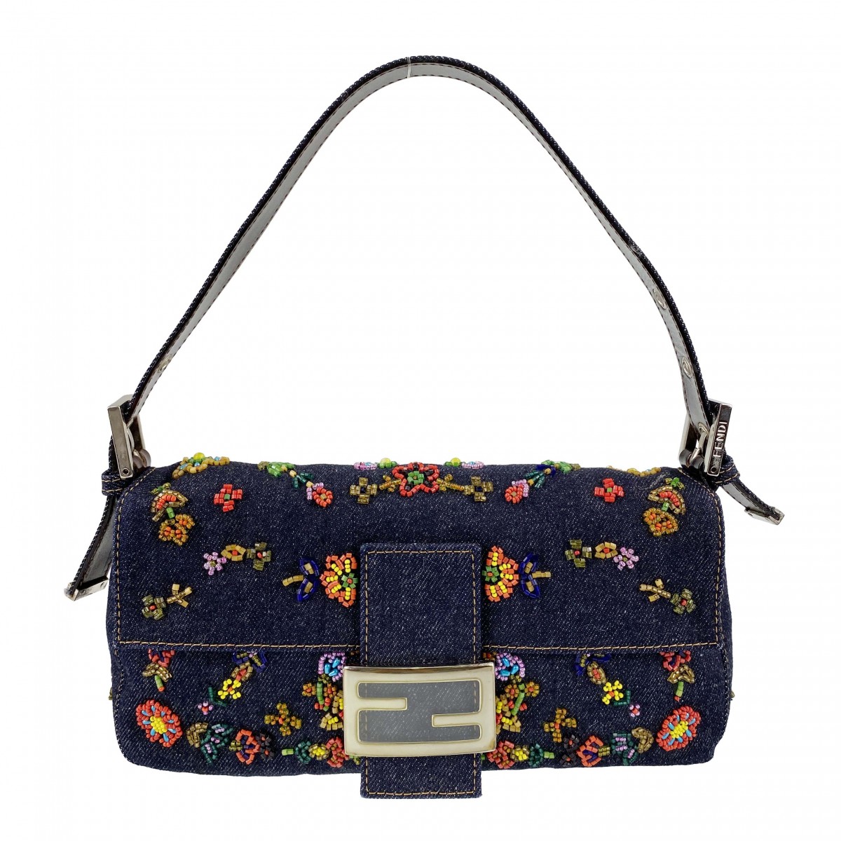 フェンディ マンマバゲット デニム ビーズ刺繍 ショルダーバッグ
