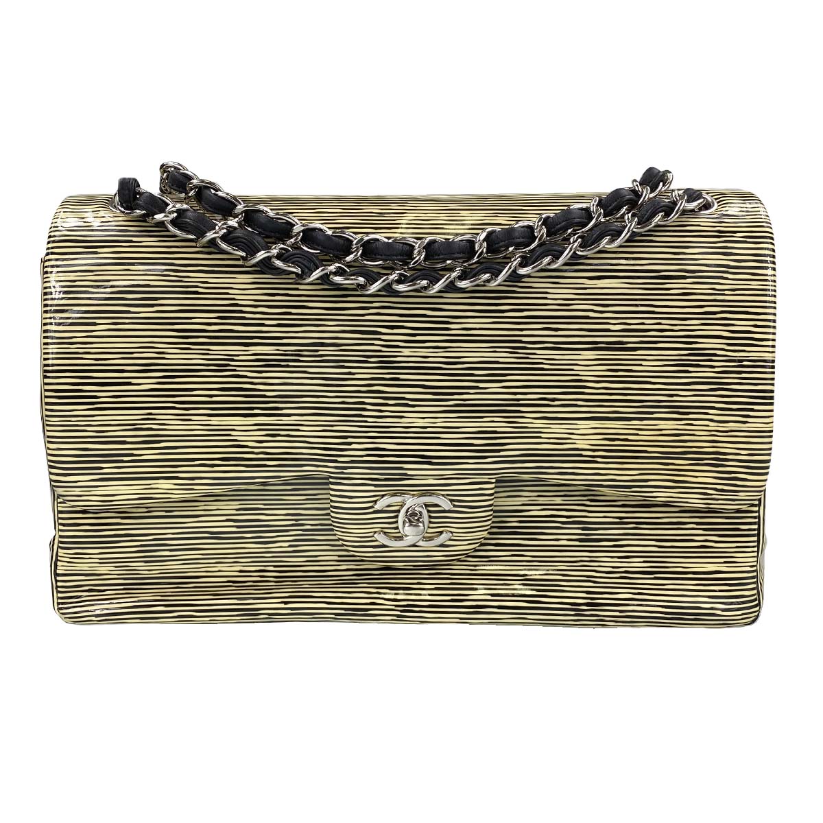 シャネル クルーズライン パテント Wフラップ イエロー ブラック ショルダーバッグ