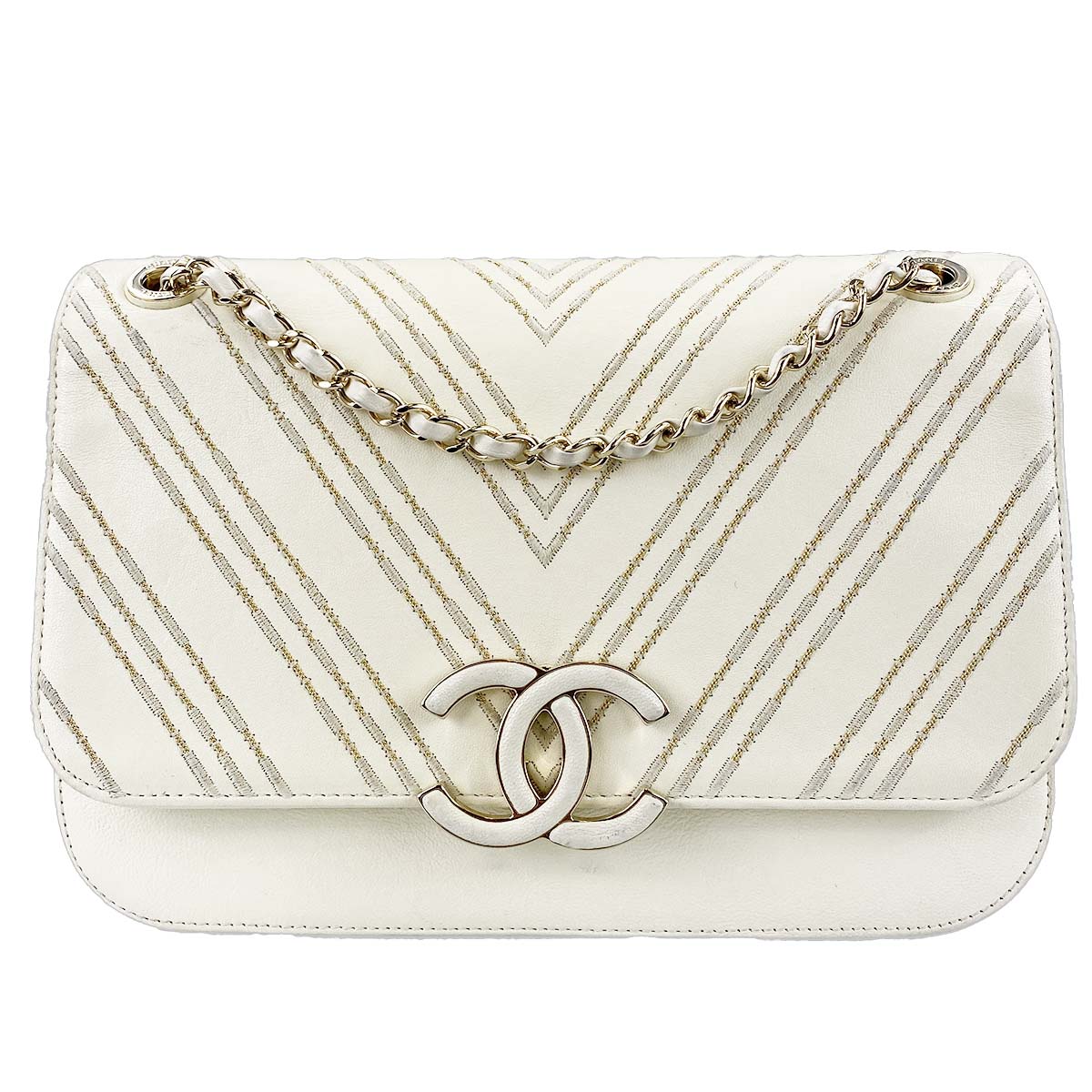 シャネル Vステッチ レザー ホワイト ショルダーバッグ