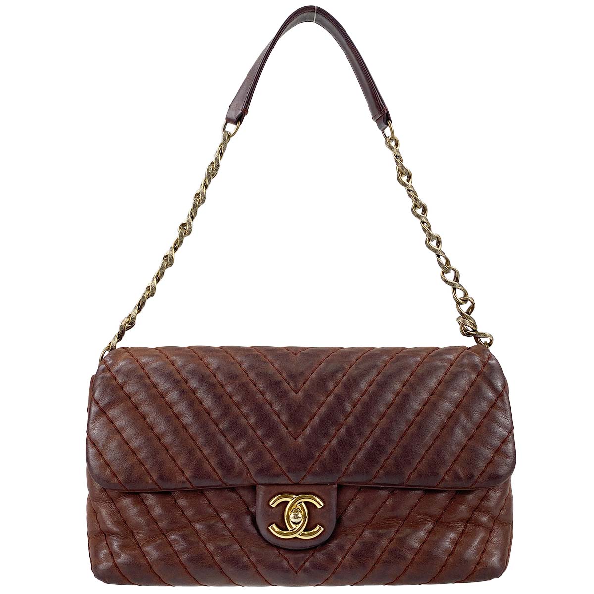 シャネル Vステッチ カーフスキン ブラウン ショルダーバッグ