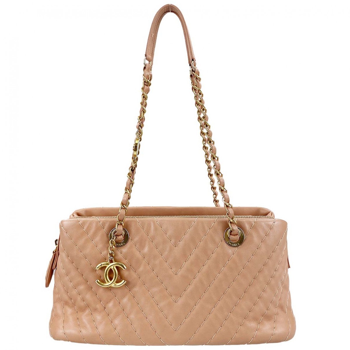 シャネル Vステッチ ラムスキン ベージュ トートバッグ