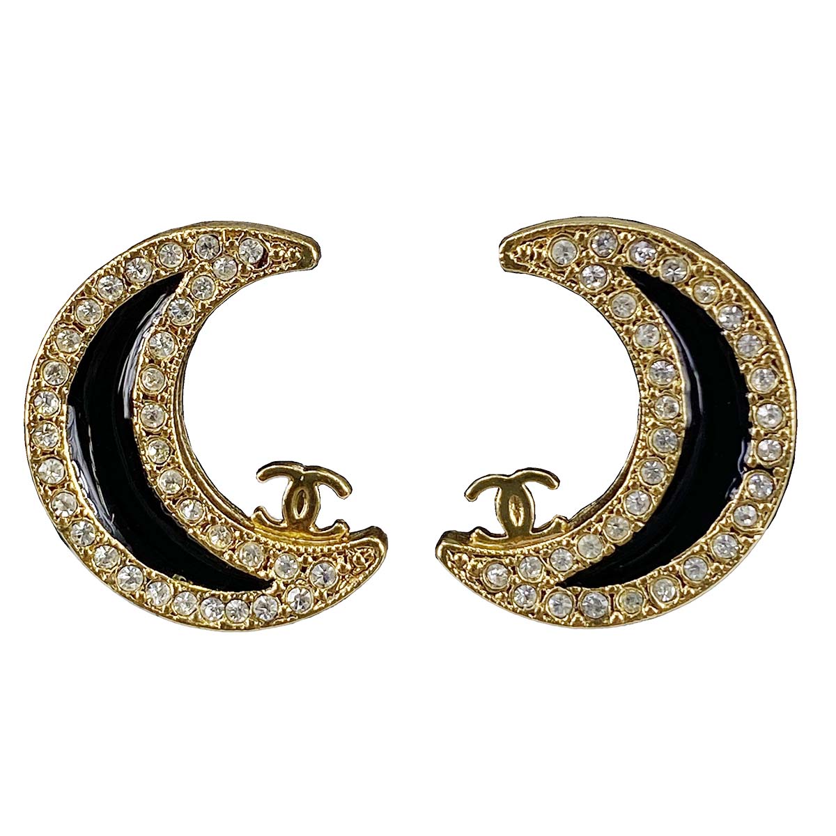 シャネル ゴールドメッキ ラインストーン 三日月 ブラック イヤリング
