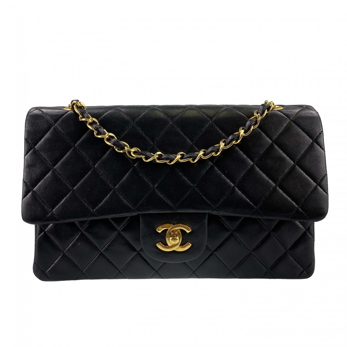 シャネル マトラッセ カーフスキン Wフラップ ブラック ショルダーバッグ