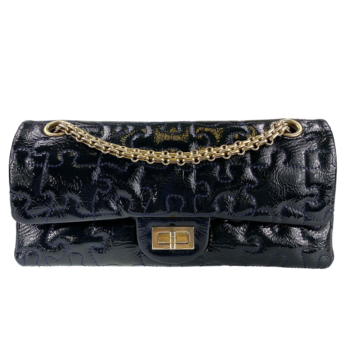 シャネル 2.55 カーフスキン パズル ブラック ショルダーバッグ