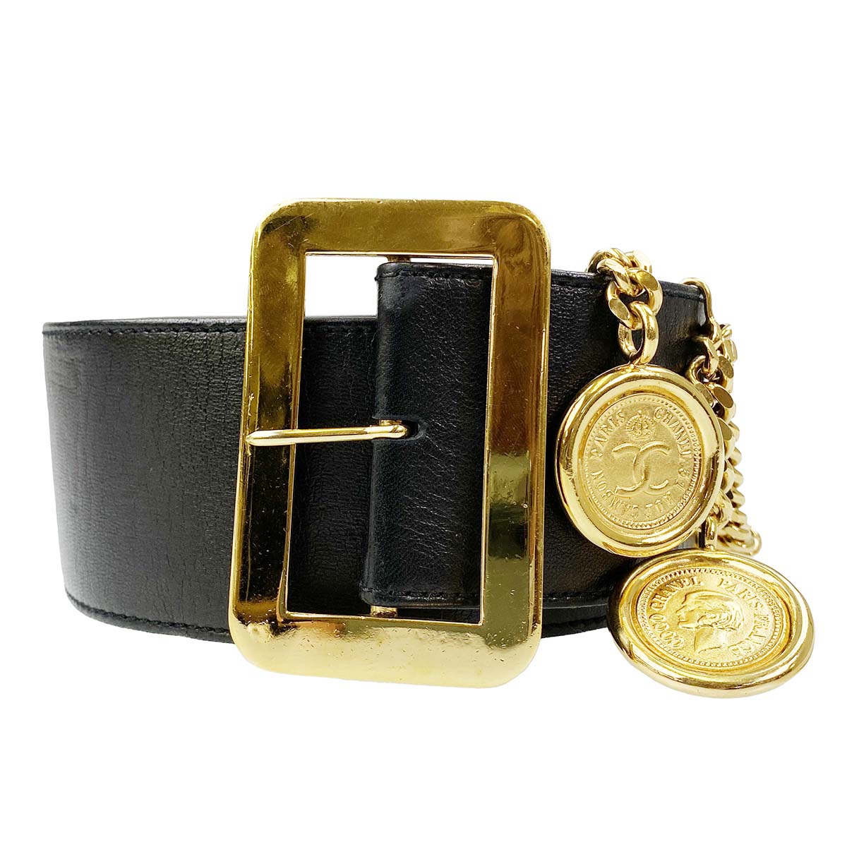 シャネル レザー ゴールドメッキ チェーン付き ブラック ベルト