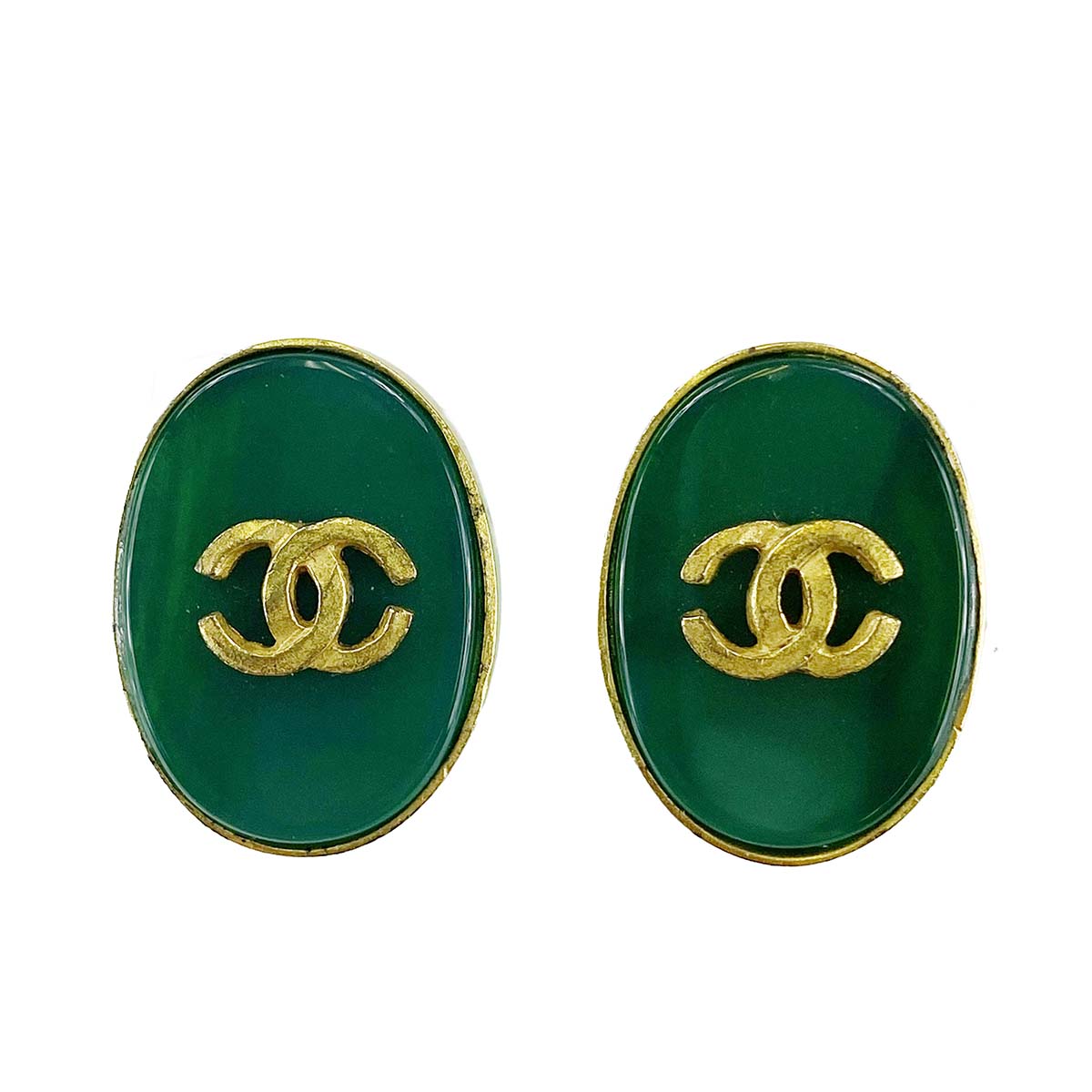 シャネル ゴールドメッキ カラーストーン CCロゴ グリーン イヤリング