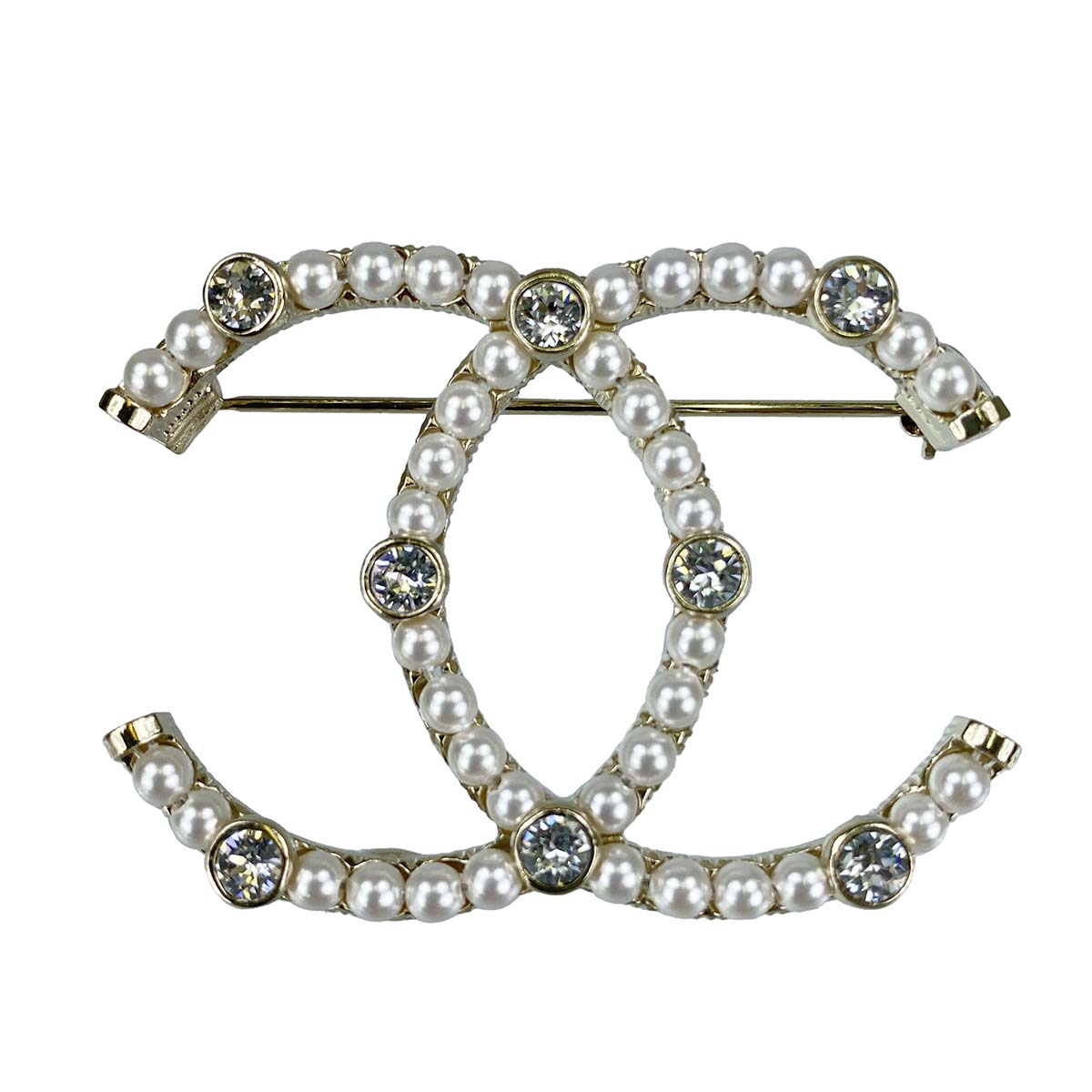 シャネル ゴールドメッキ フェイクパール カラーストーン CCロゴ ホワイト ブローチ