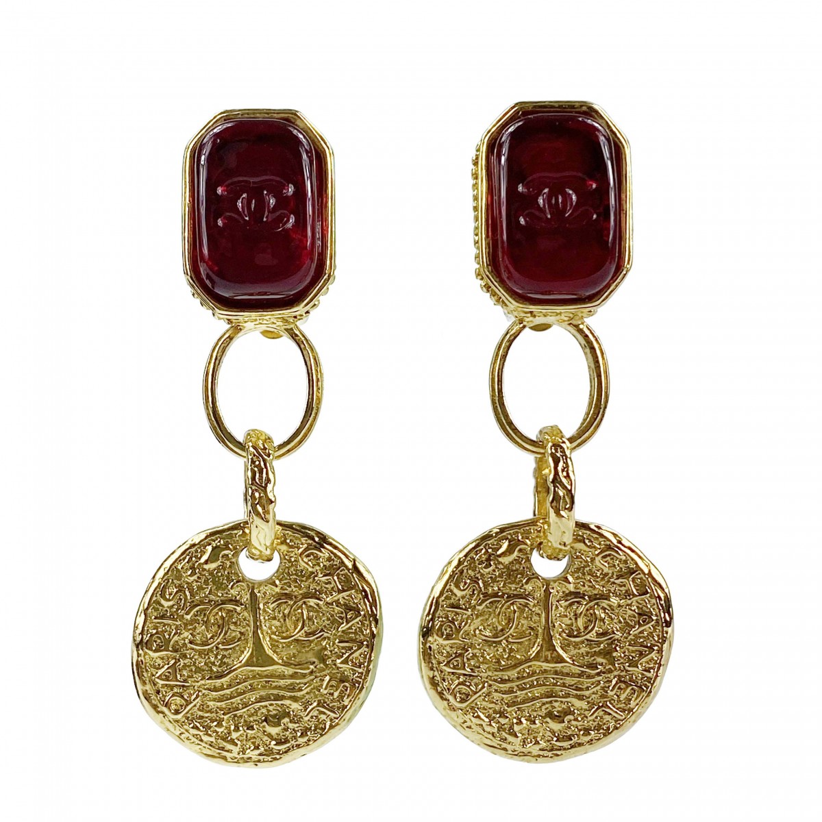 シャネル ゴールドメッキ カラーストーン CCロゴ ゴールド イヤリング