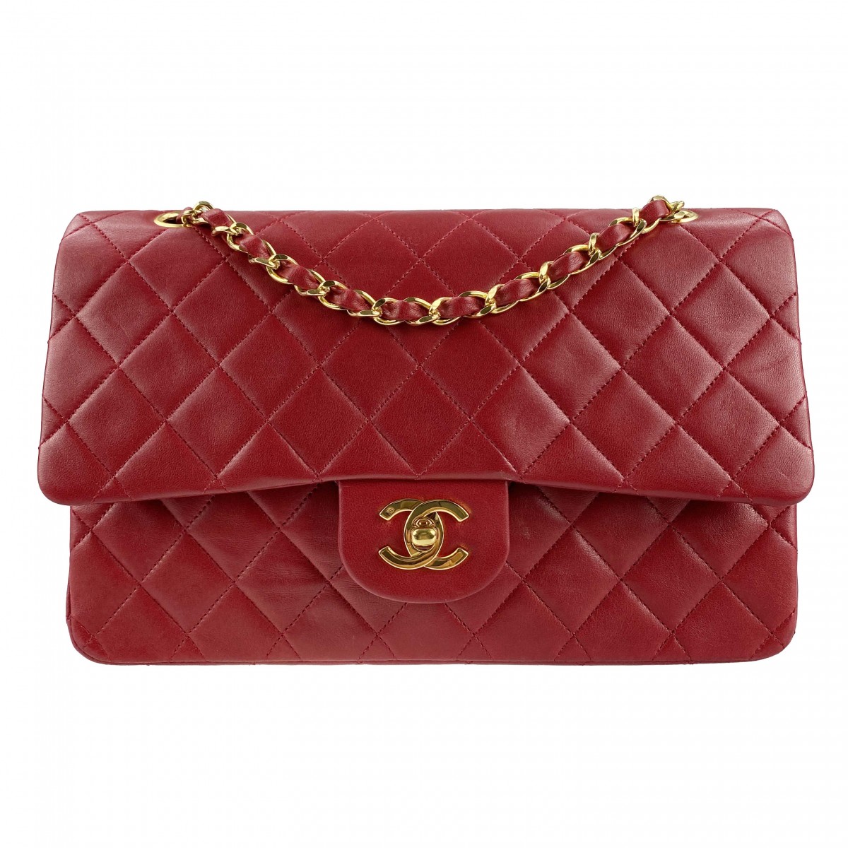 シャネル マトラッセ ラムスキン 25cm Wフラップ レッド ショルダーバッグ