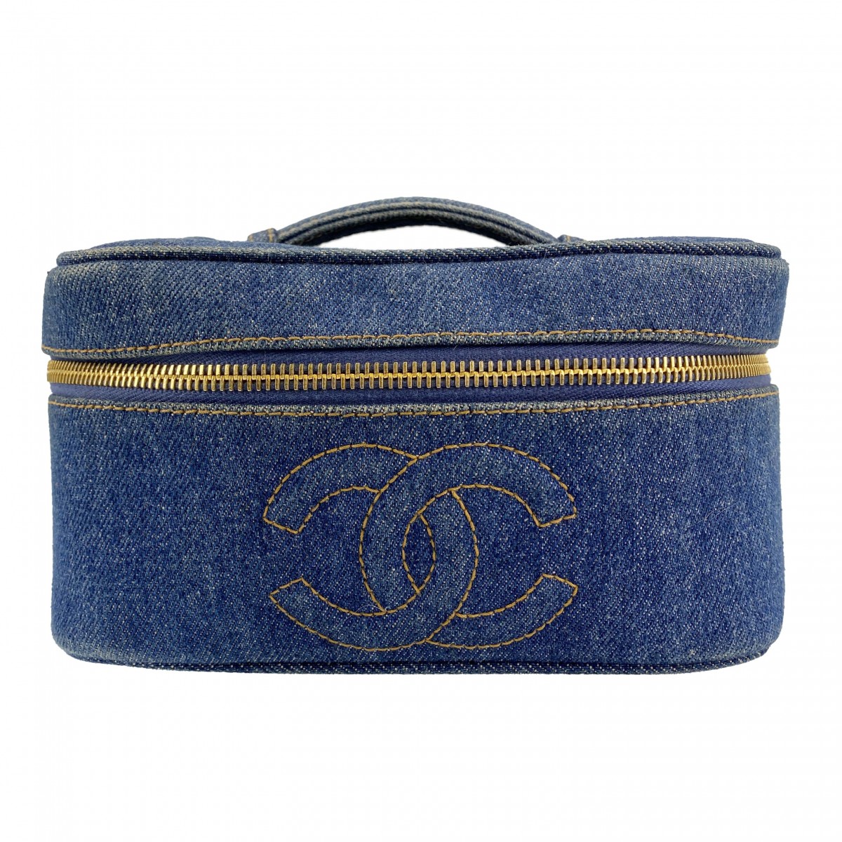 シャネル デニム レザー ブルー バニティバッグ