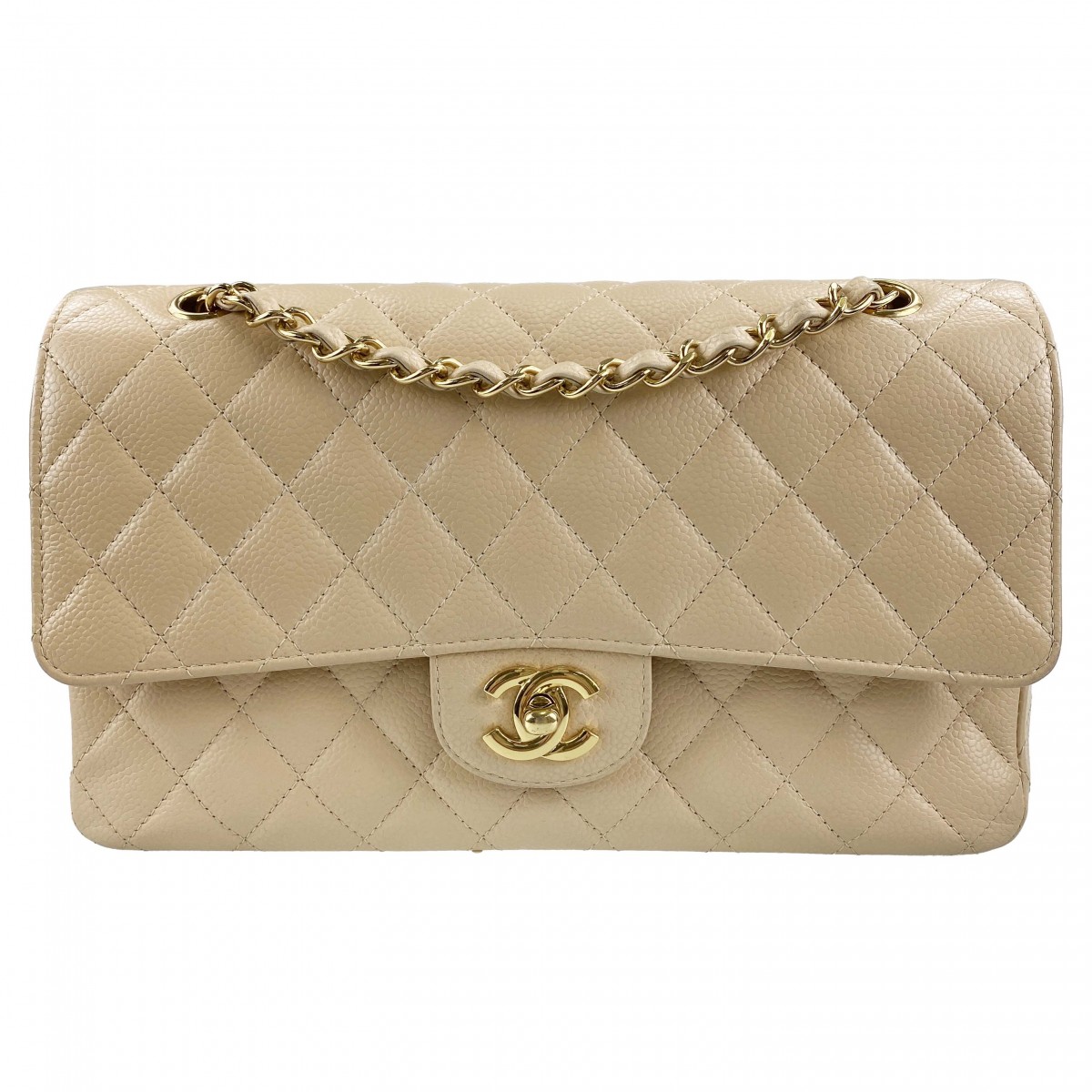 シャネル マトラッセ キャビアスキン 25㎝ Wフラップ クリーム ショルダーバッグ