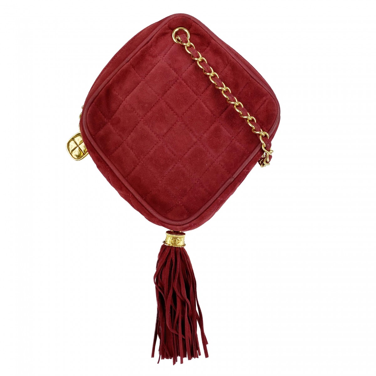 シャネル スエード ダイヤシェイプ タッセル レッド ショルダーバッグ