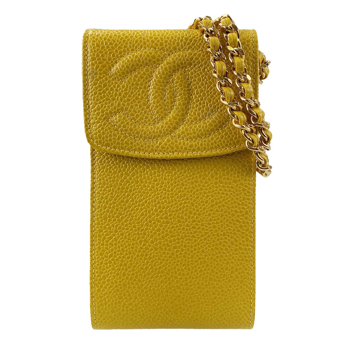 シャネル キャビアスキン CCロゴ イエロー ショルダーバッグ