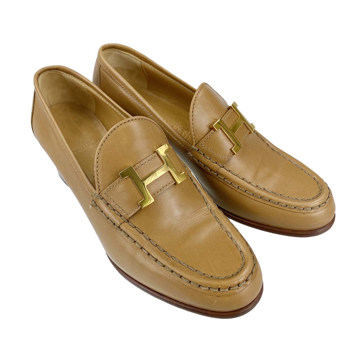 エルメス レザー ゴールド金具 ブラウン ローファー