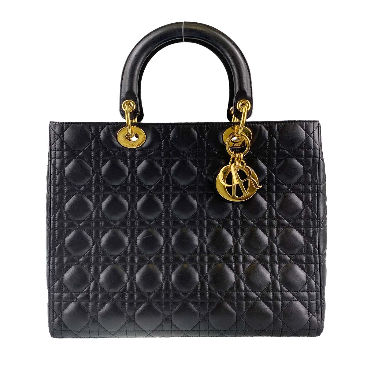 ディオール レディディオール カナージュ ラージ ラムスキン ブラック ハンドバッグ 