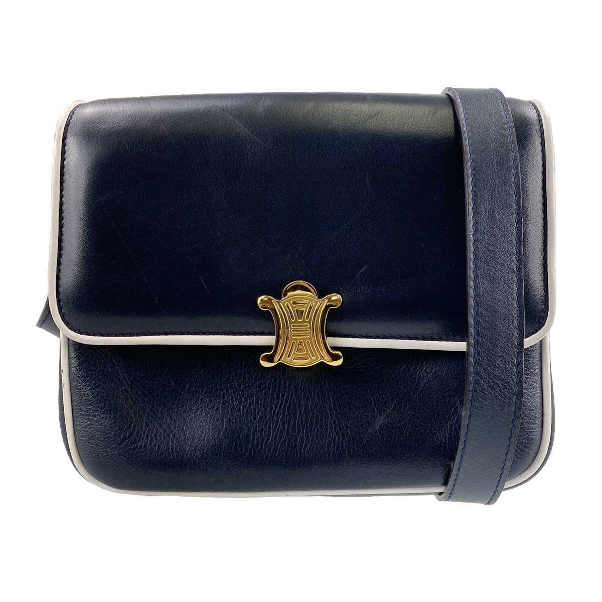 セリーヌ ブラゾン レザー ネイビーショルダーバッグ