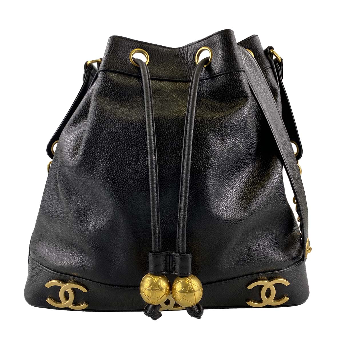 シャネル キャビアスキン トリプルココマーク 巾着型 ブラック ショルダーバッグ