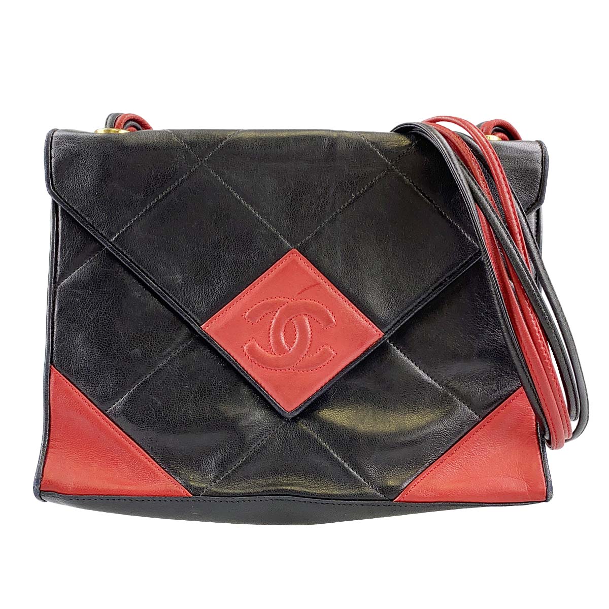 シャネル バイカラー ラムスキン ダイヤステッチ ブラック レッド ショルダーバッグ