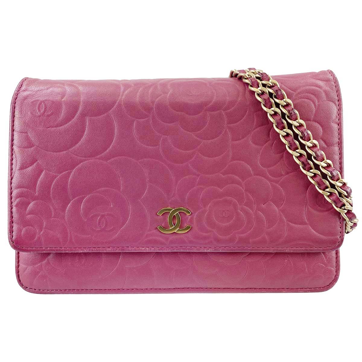 シャネル カメリア ラムスキン ピンク チェーンウォレット 