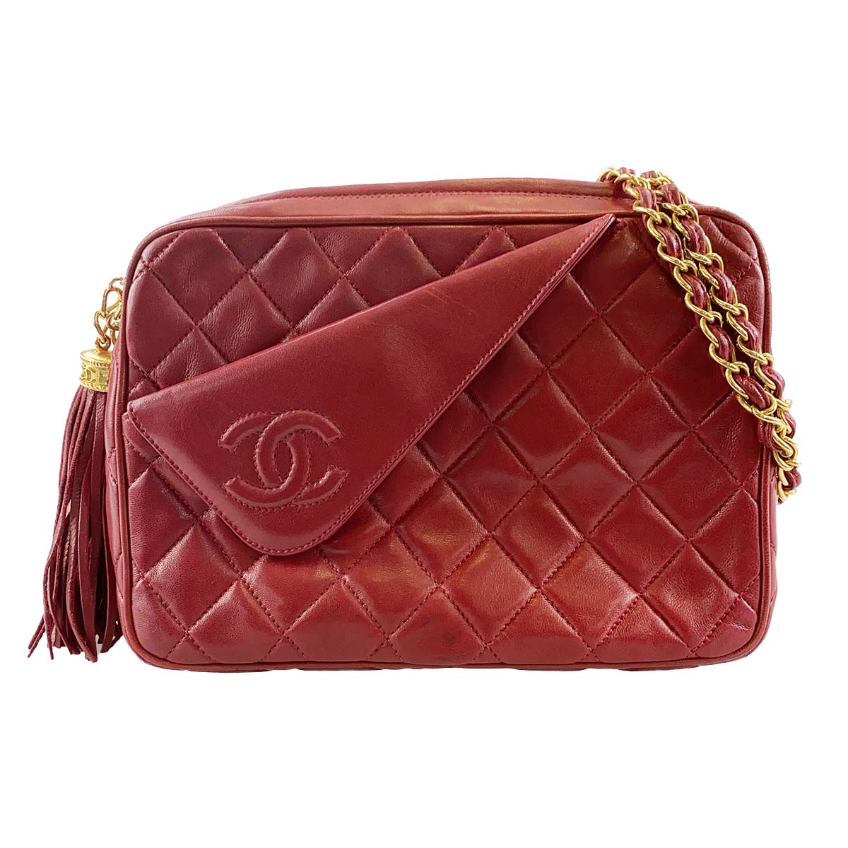 シャネル マトラッセ ラムスキン タッセル レッド ショルダーバッグ