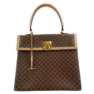 セリーヌ マカダム ガンチーニ PVC レザー ブラウン ハンドバッグ 