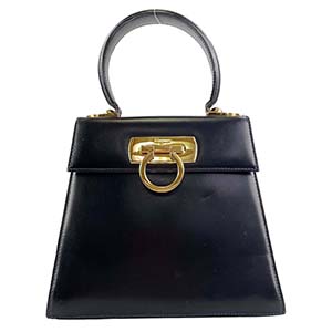 フェラガモ ガンチーニ レザー ブラック ハンドバッグ