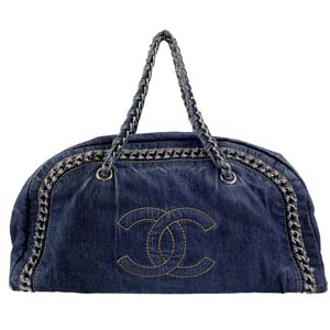 シャネル ラグジュアリー デニム レザー ブルー ボストンバッグ 