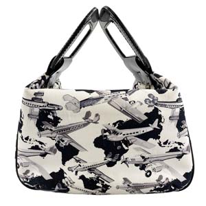 シャネル キャンバス パテント 飛行機柄 ホワイト ブラック ハンドバッグ