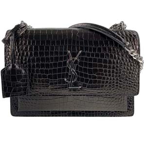 サンローラン サンセット クロコ型押し カーフスキン ブラック ショルダーバッグ