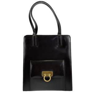 フェラガモ ガンチーニ レザー ブラック ハンドバッグ