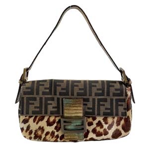フェンディ マンマバゲット ズッカ レオパード キャンバス レザー ハラコ ブラウン ショルダーバッグ