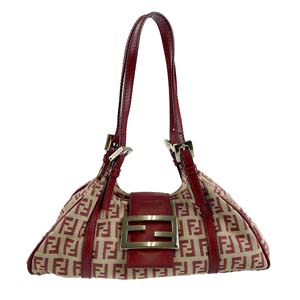 フェンディ ズッキーノ キャンバス レザー ベージュ レッド ハンドバッグ