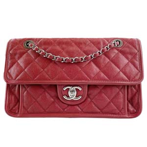 シャネル フレンチリビエラ マトラッセ ソフトキャビアスキン レッド ショルダーバッグ